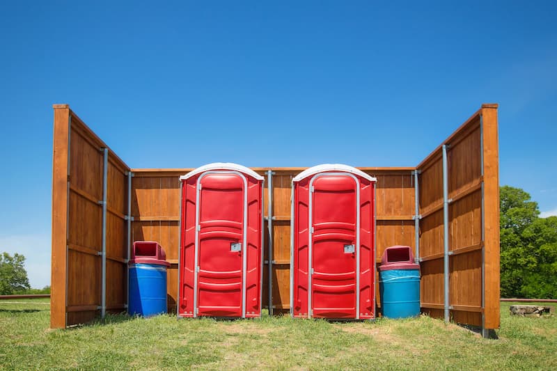 Short-term porta potty units staged for delivery in Pittston, Pennsylvania